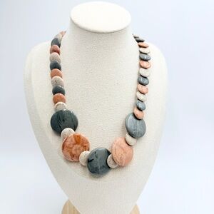 Peach Gray Beaded Necklace with Marbled Resin Discs and Gold Tone Clasp